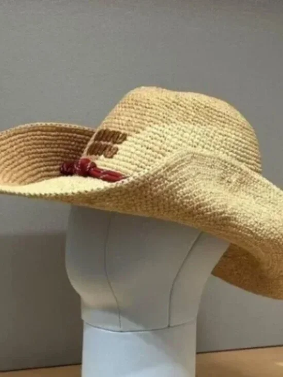 Miu Miu Women's Elegant Beige Straw Hat with Striking Red Bow - Picture 3 of 6